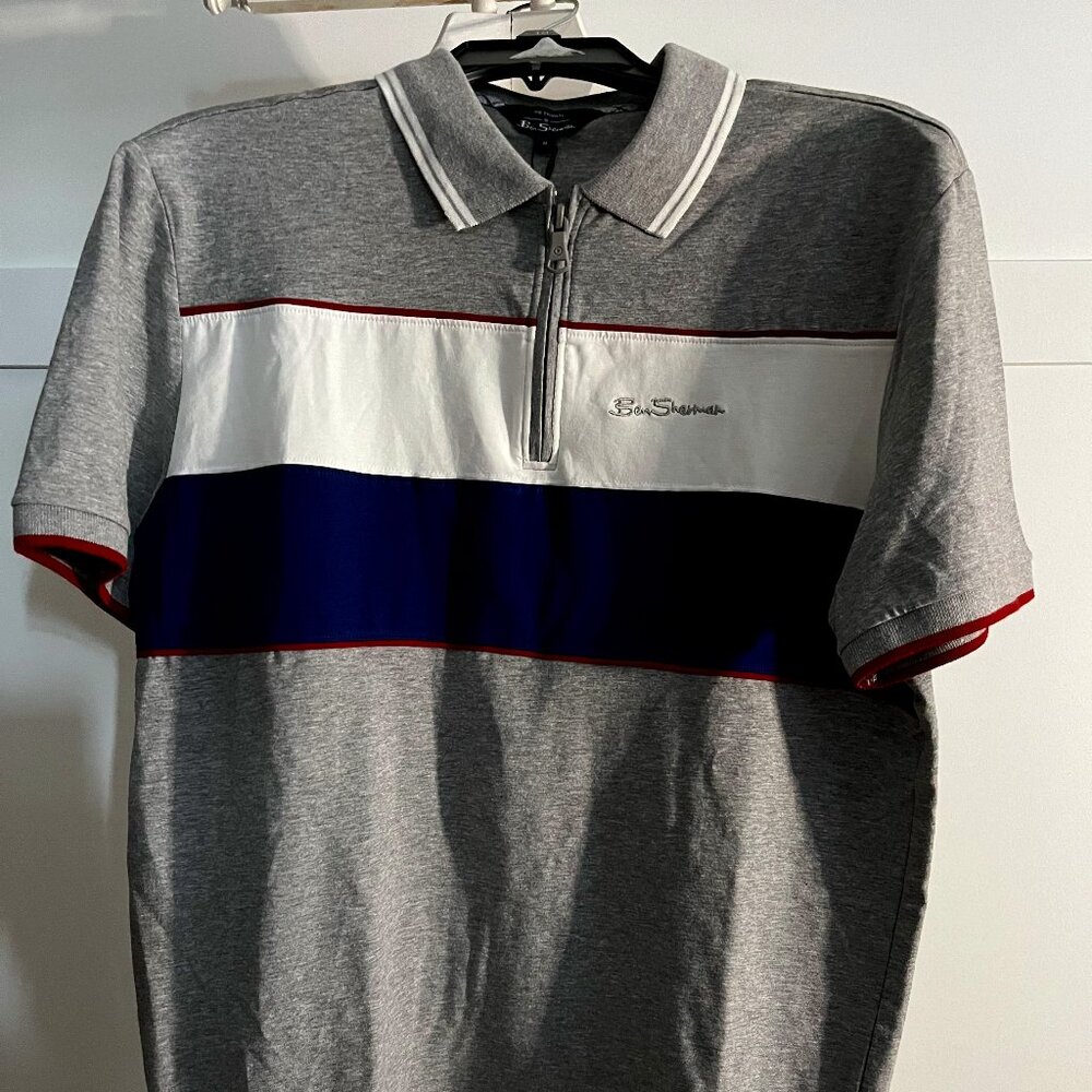 BNWT BEN SHERMAN heather gray with red / white / blue color block polo (M)